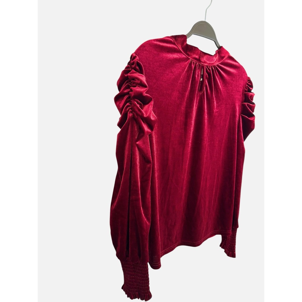 Red Velvet Puff Sleeve Blouse High Neck Tie Back Smocked Cuff Top Medium - Picture 4 of 6